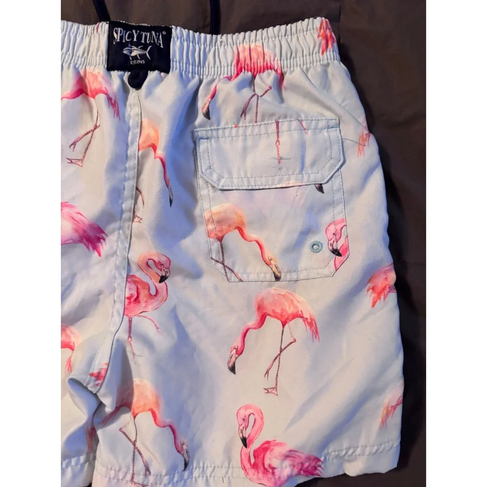 Spicy Tuna Boys Pink Flamingo Swim Trunks Blue Tropical Board Shorts Size 14